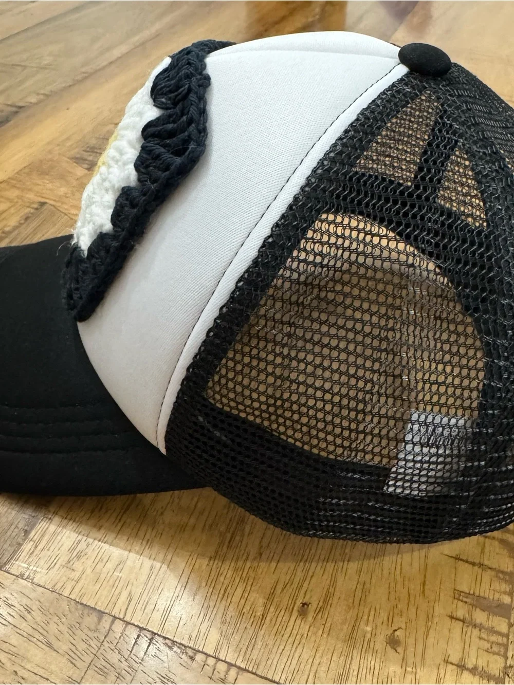 Black and White Trucker Hat with Crocheted Daisy Patch New